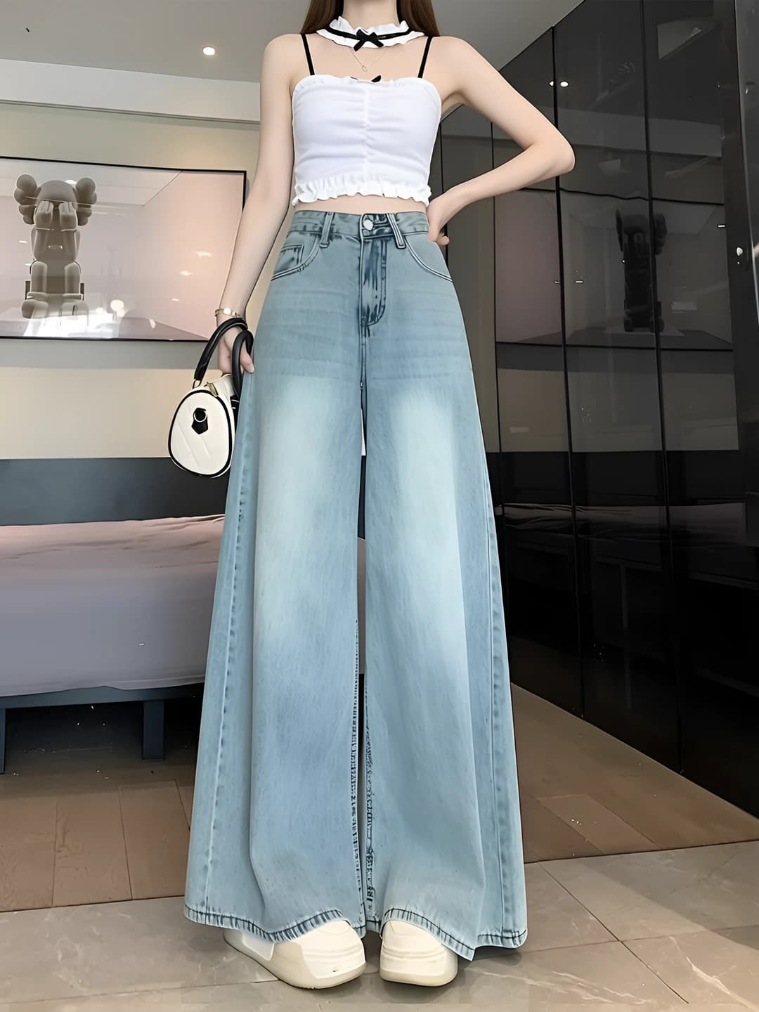 Ayollar uchun katta o'lcham yozgi yupqa jinsi shimlar, baland bel, nozik ko'rsatadigan, bo'sh (oversize) to'g'ri kesim, uzun shim