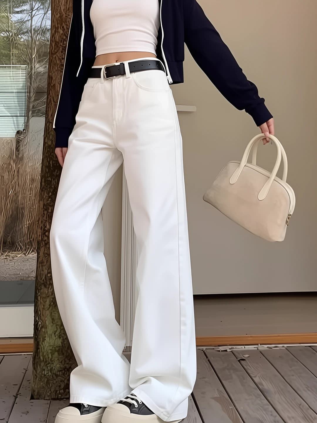 Ayollar uchun oq rangli, baland belli, nozik ko'rsatadigan, bo'sh (oversize) to'g'ri kesim jinsi shimlar