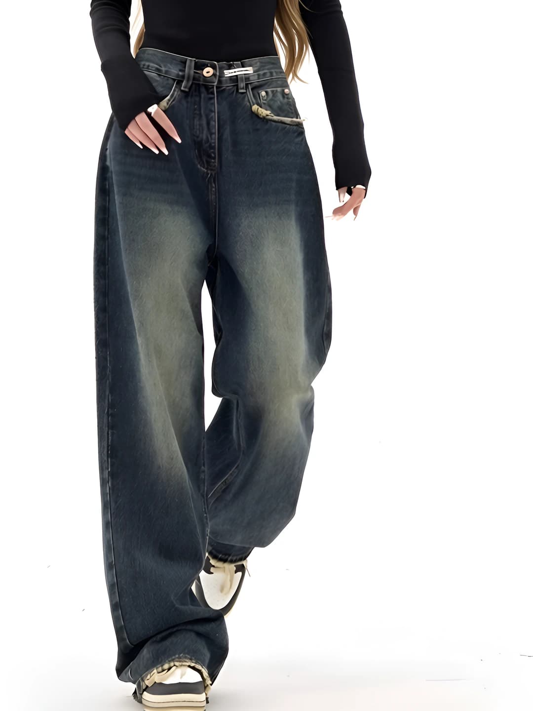 Ayollar uchun keng va klesh jinsi shimlar, to'g'ri kesim, baland bel, nozik ko'rsatadigan, bo'sh (oversize), retro, kundalik, yozgi, to'q ko'k
