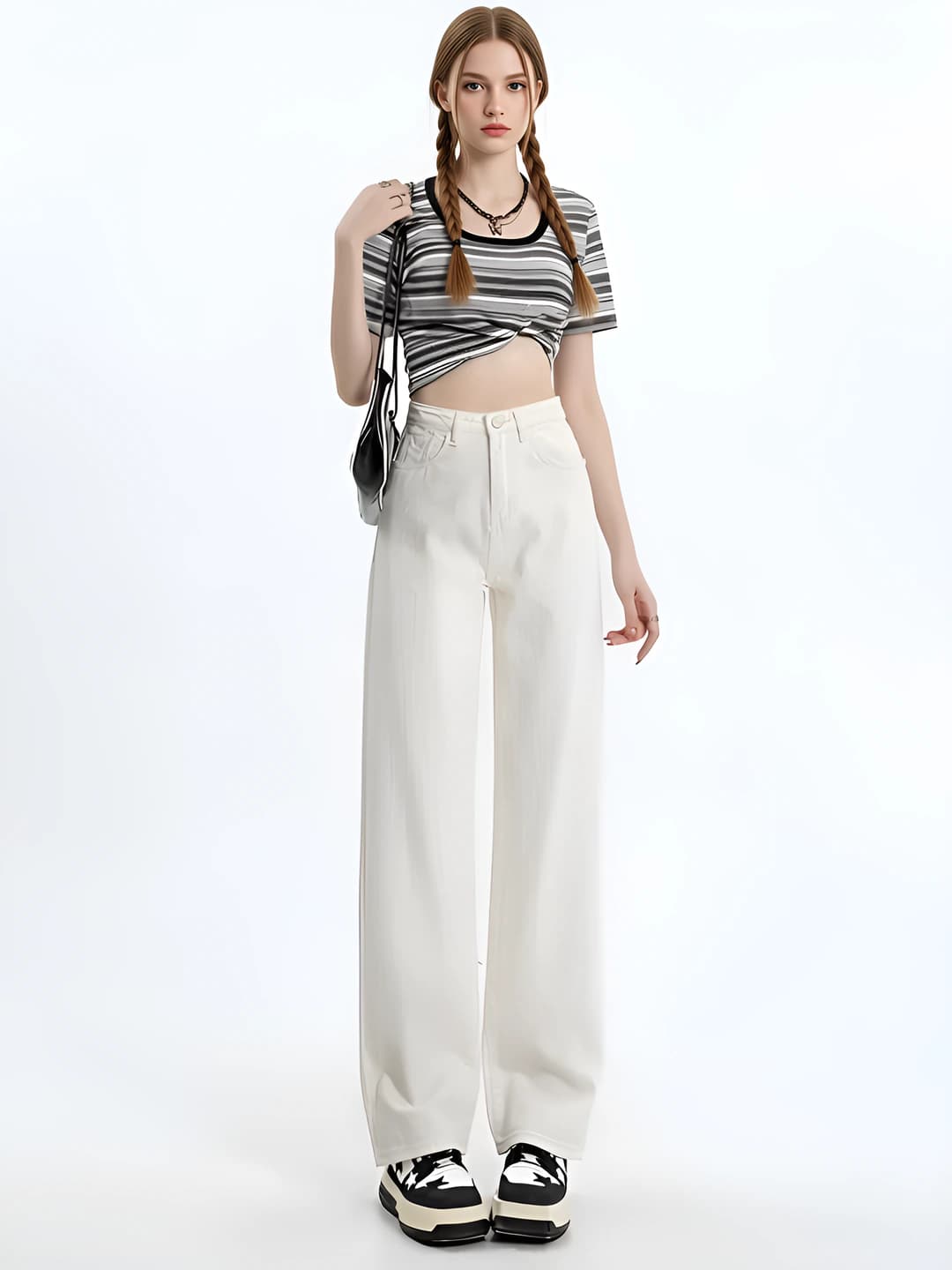 Ayollar uchun oq keng va klesh jinsi shimlar, baland bel, to'g'ri kesim, bo'sh (oversize), nozik ko'rsatadigan, uzun shim