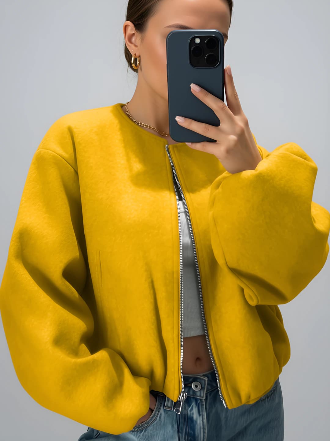 Women's 2026 spring-autumn soft polyester zip-up crew neck short jacket
