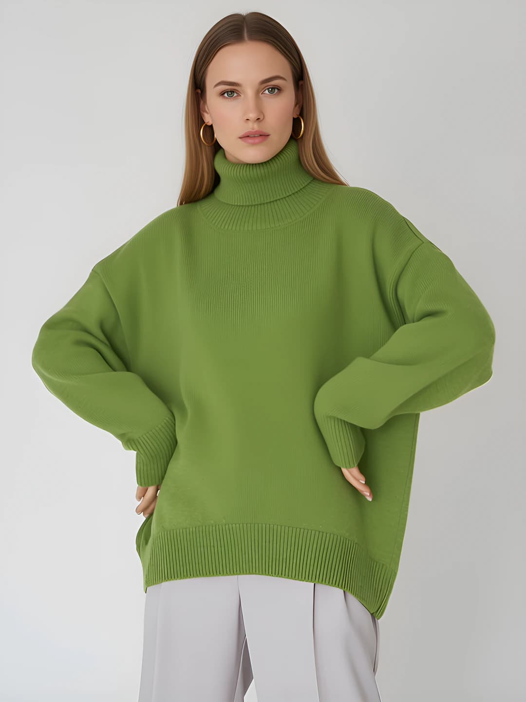 Ayollar uchun bir rangli baland yoqali bo'sh (oversize) uzun yengli trikotaj sviter, kuz-qish uchun