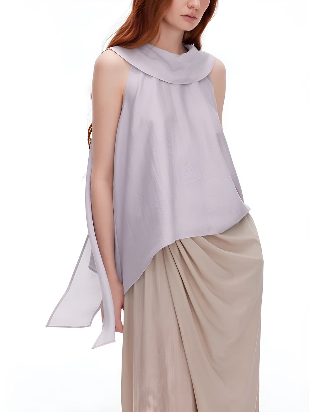 Women's summer sleeveless tank top, high neck, loose fit, solid colour, 50-65 cm length, 50-70% lyocell, 30% and below nylon, ribbon design element