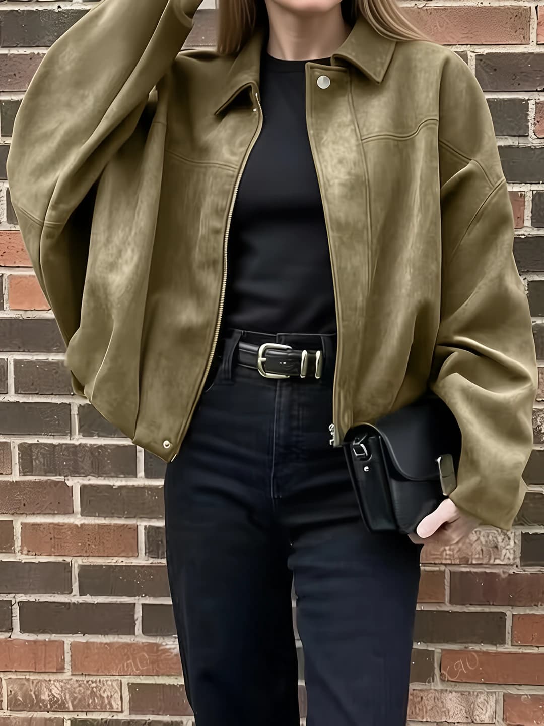 Women's 2026 retro short suede jacket, lapel collar, zip, long sleeve, slimming