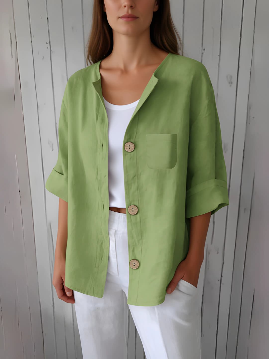 Women's summer retro loose fit short sleeve shirt, 3 buttons, non-iron
