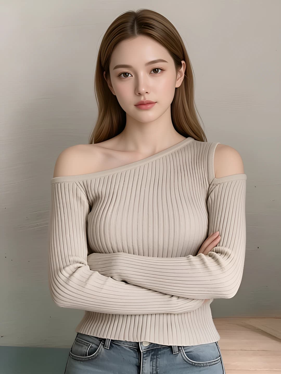 Women's off-shoulder ribbed knit long-sleeve top, slim fit, solid colour, sweater
