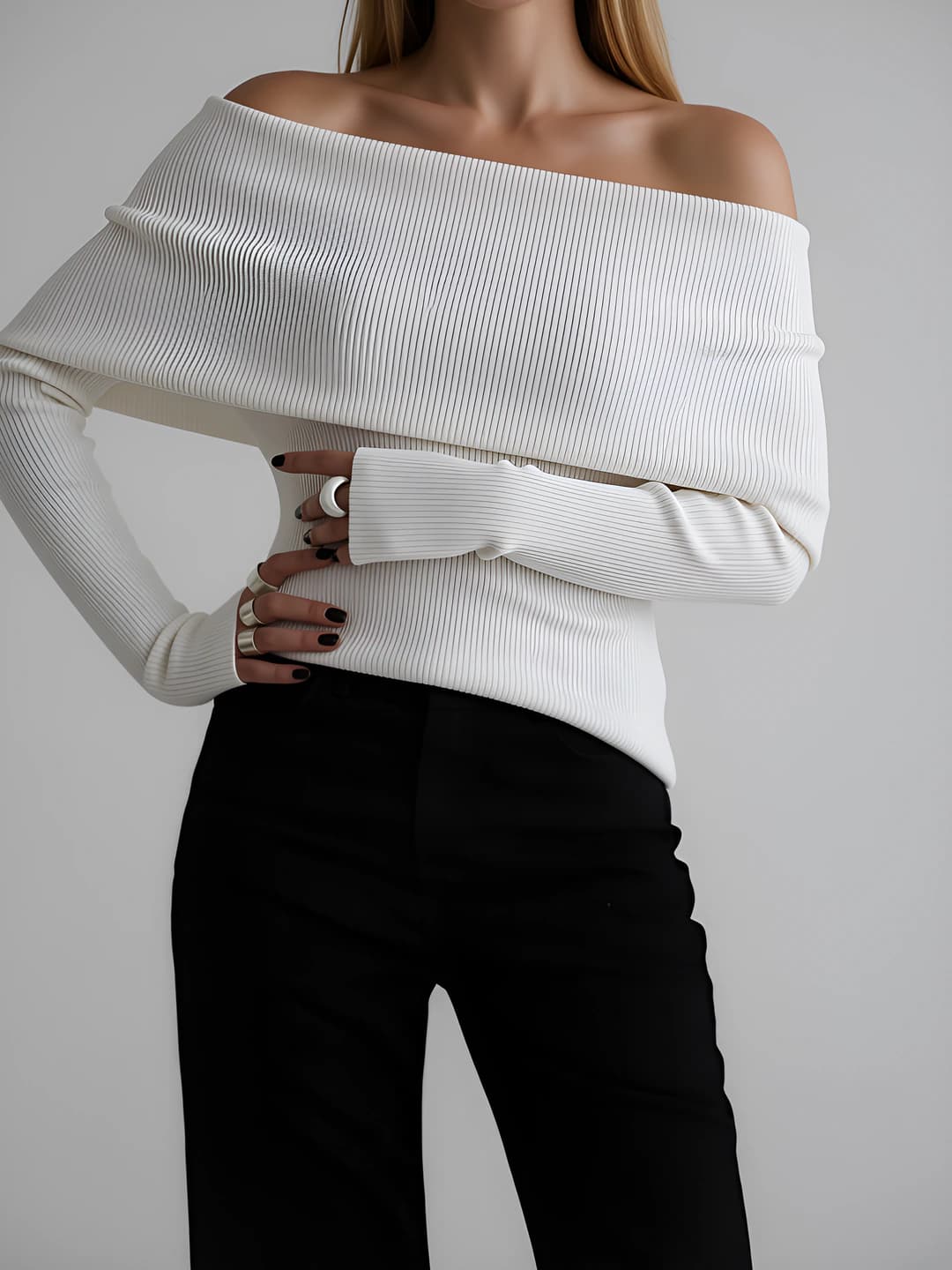 Ayollar uchun 2026 kuz-qish mavsumi uchun yelkalari pastga tushirilgan sviter, uzun yengli, tanaga yopishgan, bir rangli, bir yoqali, yevro-amerika uslubidagi knitted top
