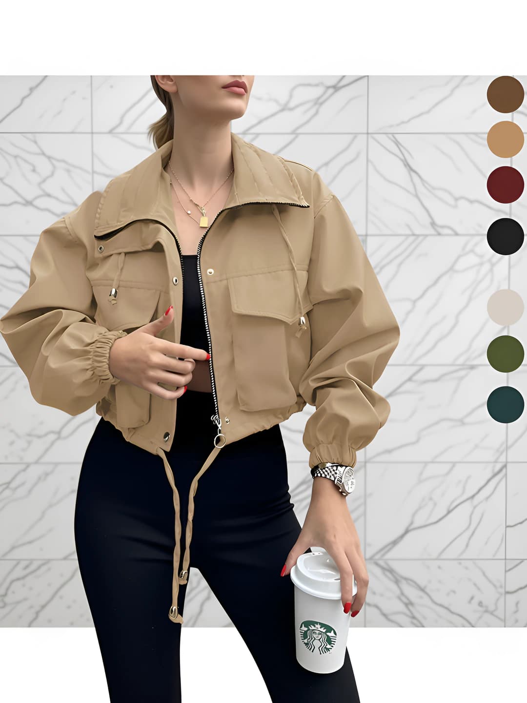 Women's autumn solid colour short windbreaker jacket with zip, lapel collar, long sleeve, loose fit, polyester