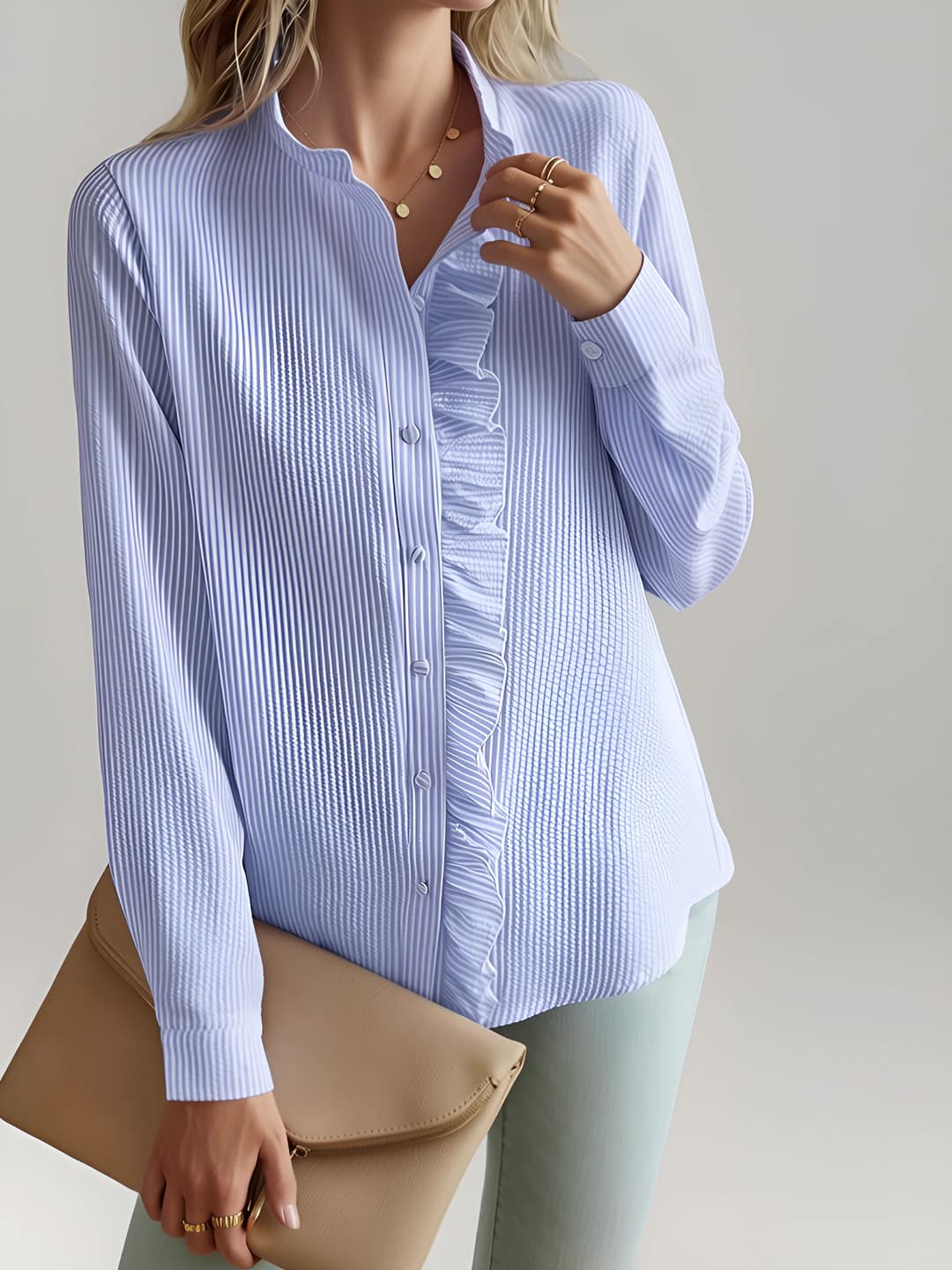 Women's 2026 autumn stand collar long sleeve ruffle slim fit solid colour shirt