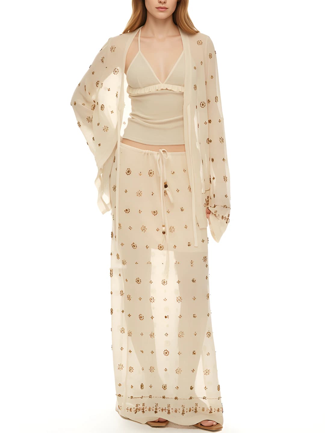 Women's knit cardigan, camisole top and long skirt set, spring, long sleeve, solid colour, casual style