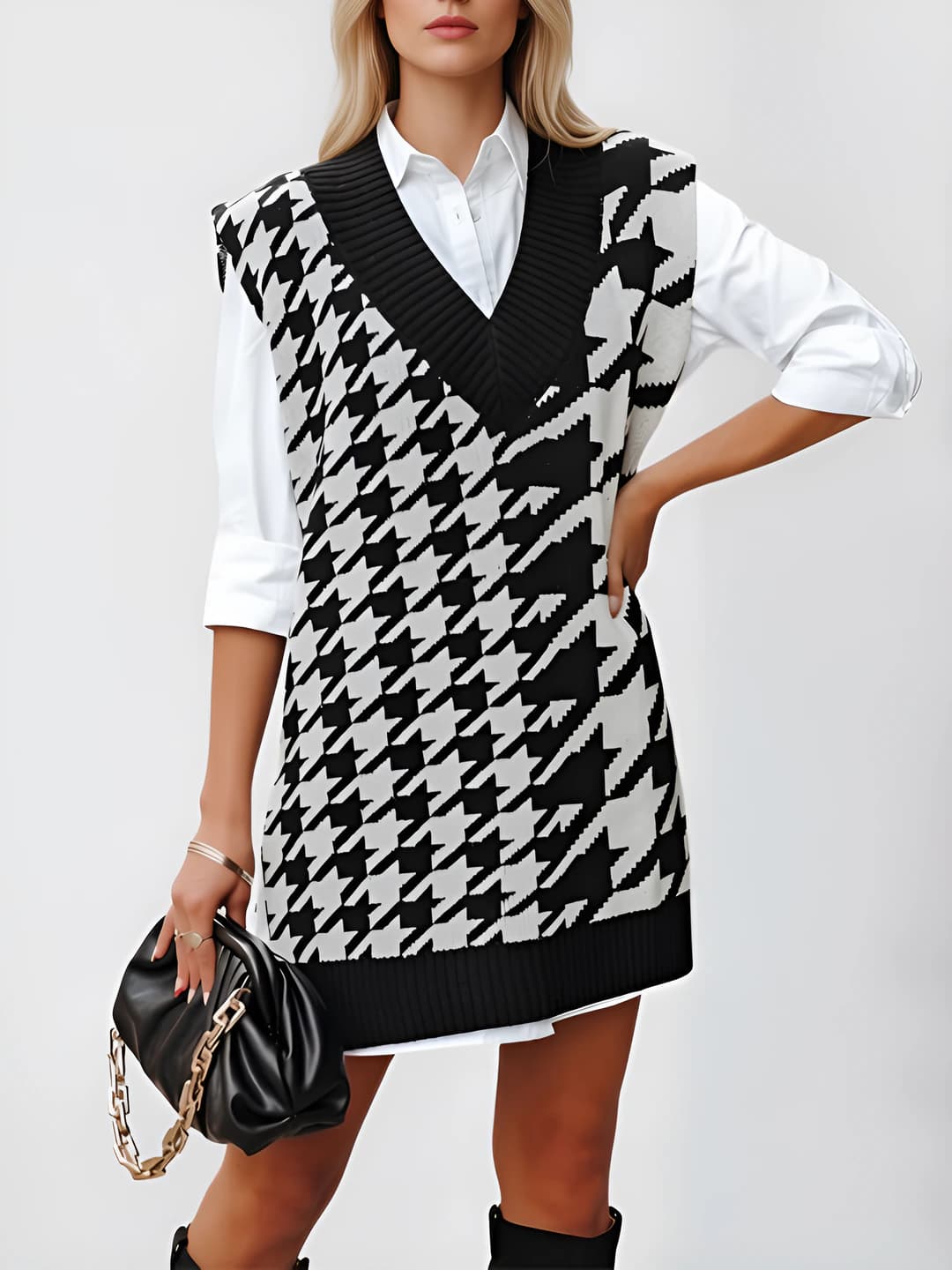 Women's 2026 autumn-winter knit vest, V-neck, loose fit, sleeveless, thick, houndstooth pattern