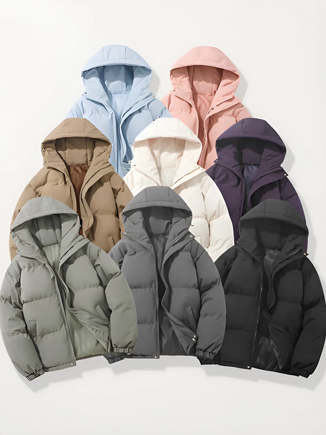 Ayollar uchun qishki puxli kurtka: bir rangli, qalinlashtirilgan, katta o'lcham, tik yoqa, bo'sh (oversize) kesim, yengsiz, kalta