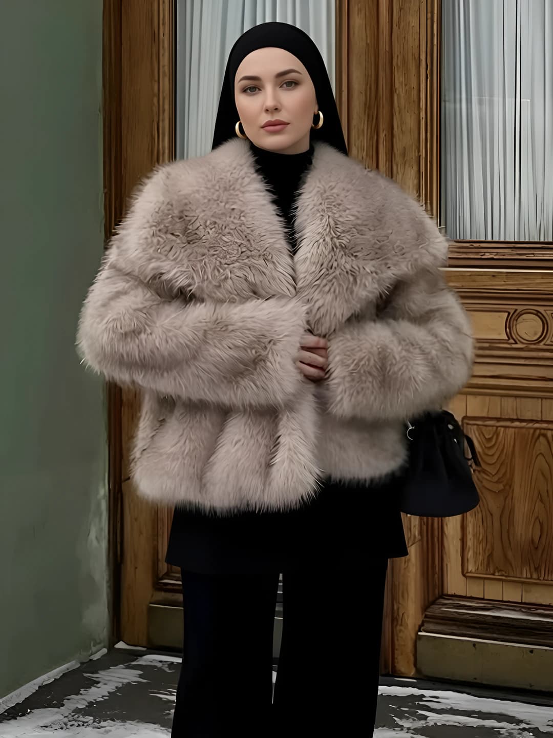 Ayollar uchun kuz-qish fasli uchun uzun yengli, qaytarma yoqali, ko'kragi balandligi 50-65 sm bo'lgan soxta tutun terisi palto
