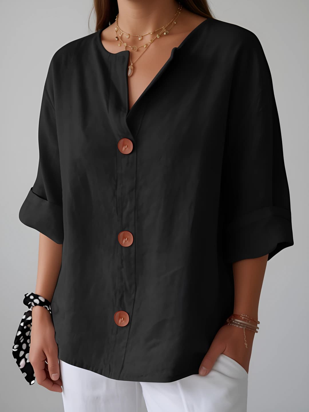 Women's loose fit V-neck button top, solid colour, mid-sleeve, spring-summer 2026