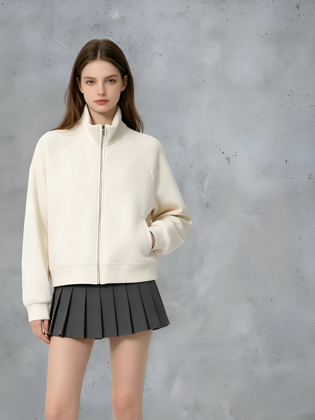 Women's warm fleece-lined zip-up stand collar cropped loose fit sweatshirt, autumn-winter