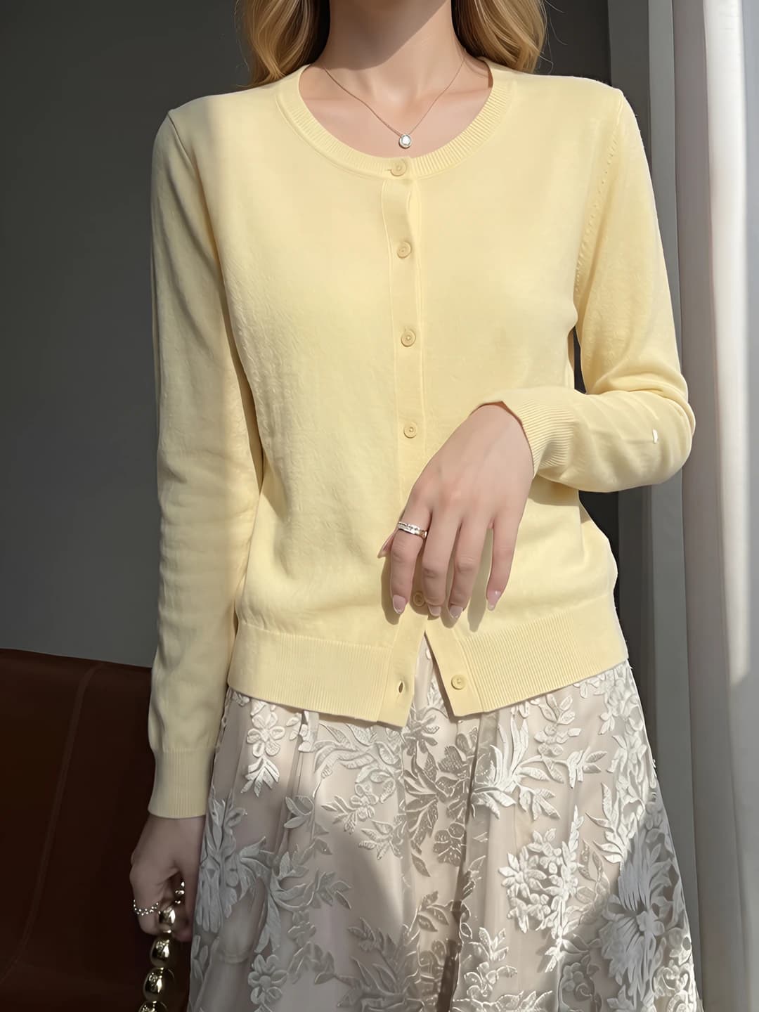 Women's 2026 summer knit cardigan, crew neck, long sleeve, wool, solid colour, loose fit
