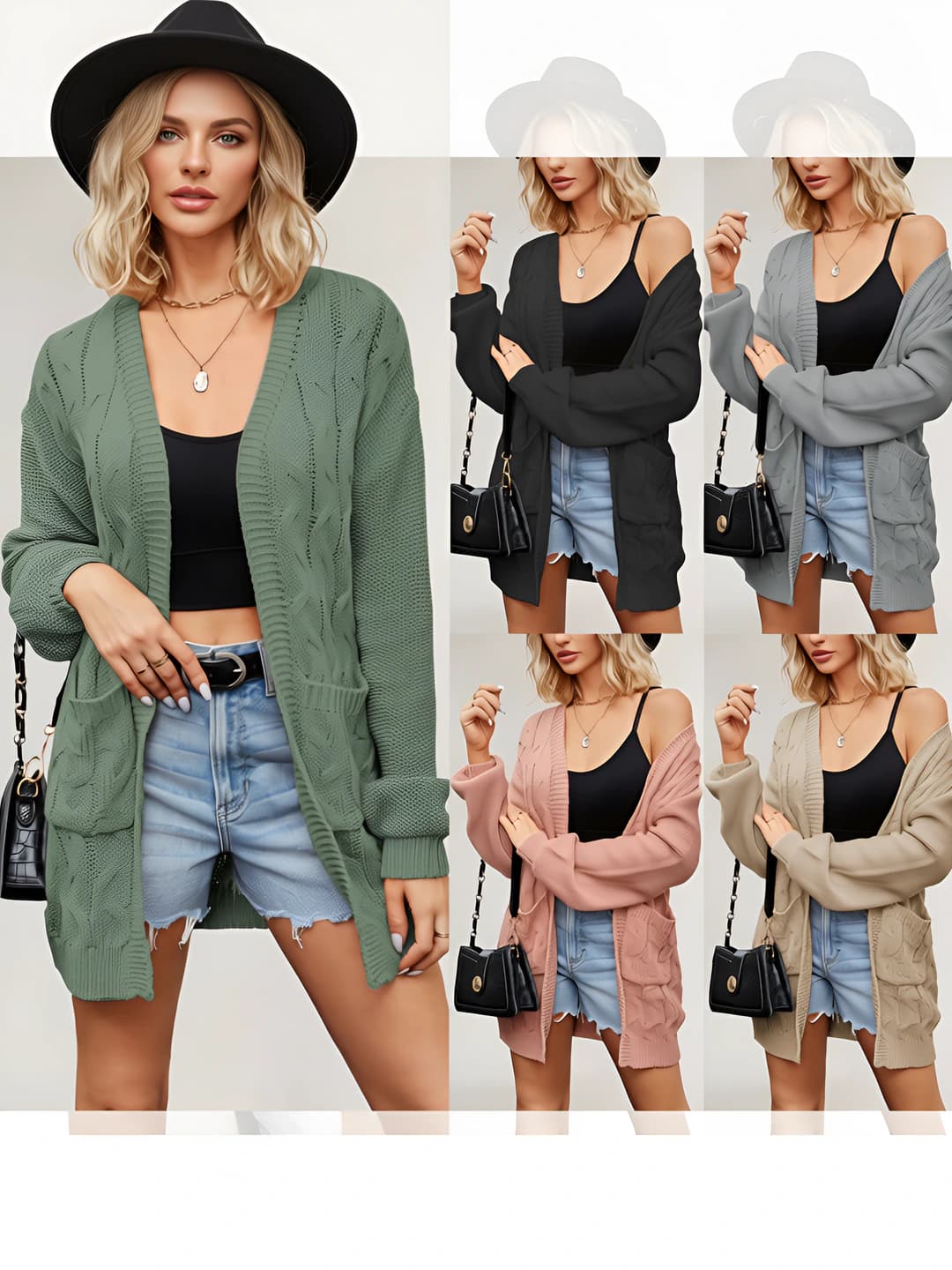 Women's 2026 autumn-winter cable knit loose fit mid-length V-neck long sleeve cardigan