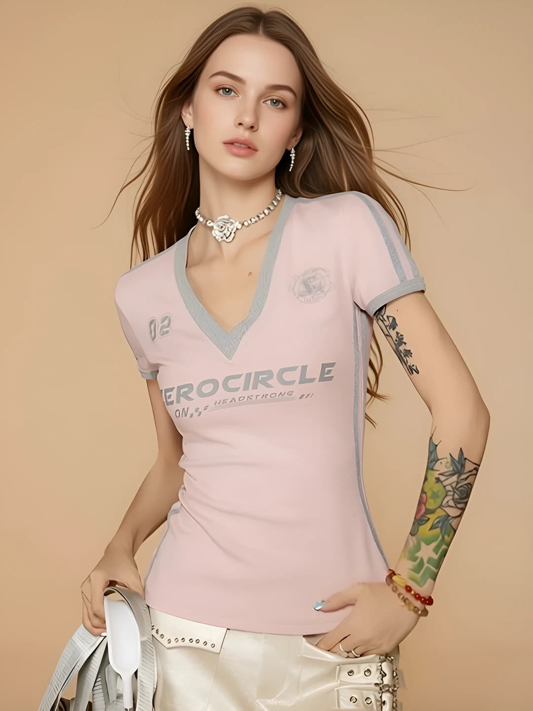 Women's summer short sleeve v-neck printed slim fit t-shirt