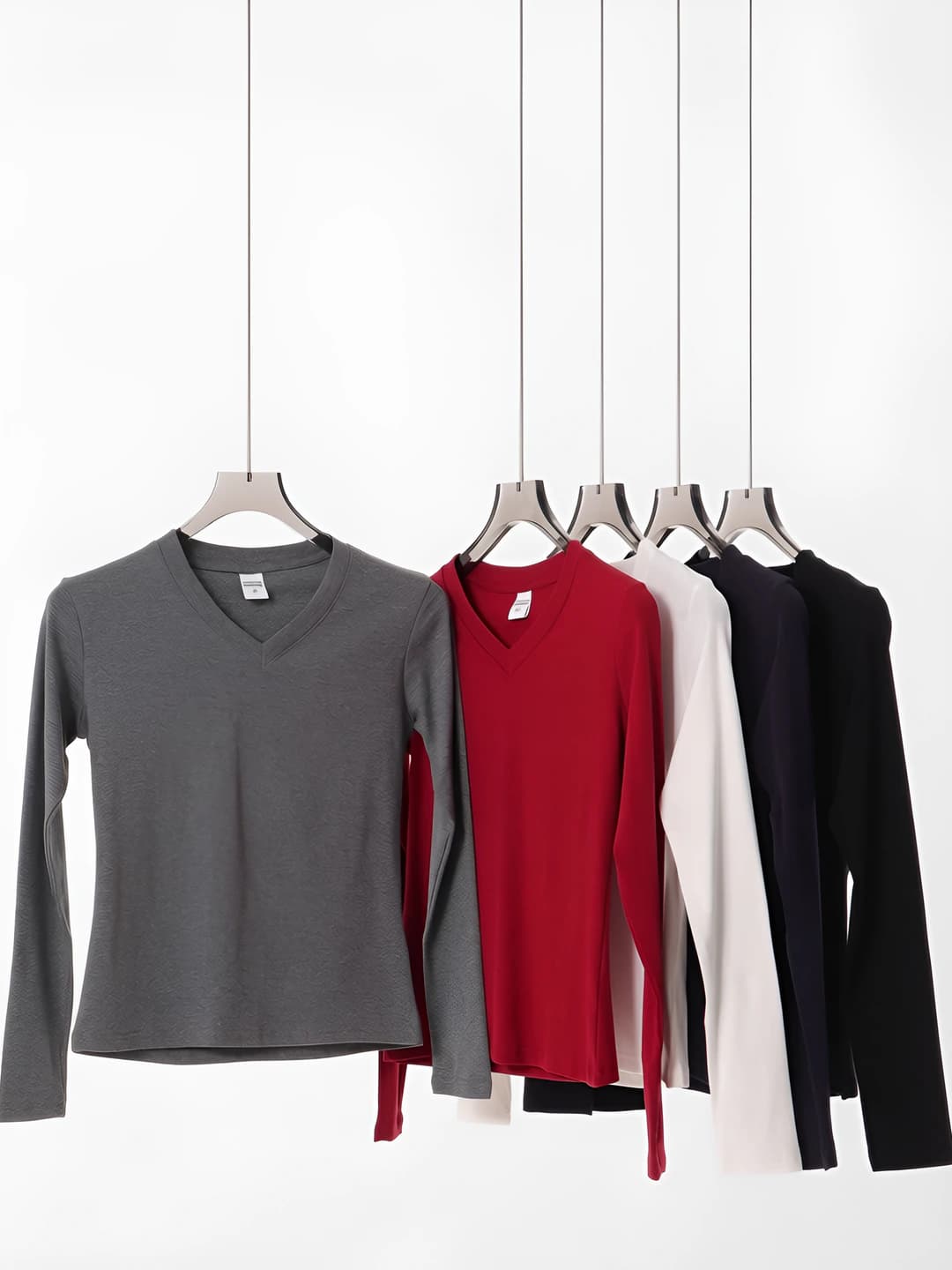Women's solid colour long-sleeve V-neck top, 230g, casual style