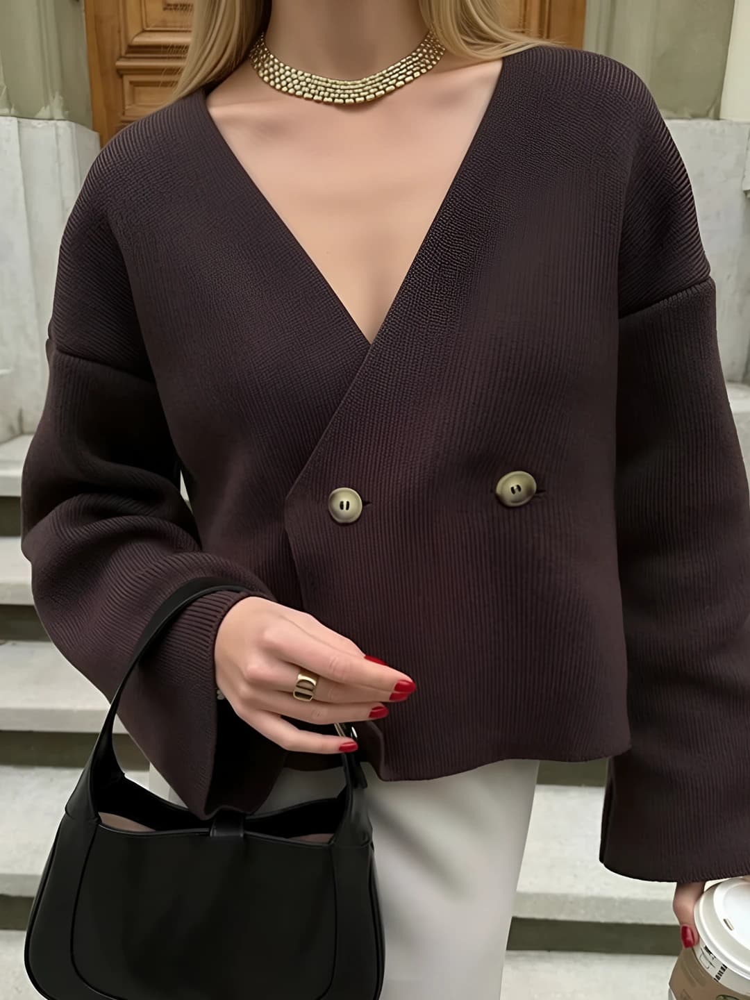 Women's spring knit cardigan, V-neck, long sleeve, cropped, solid colour, 70-80% viscose