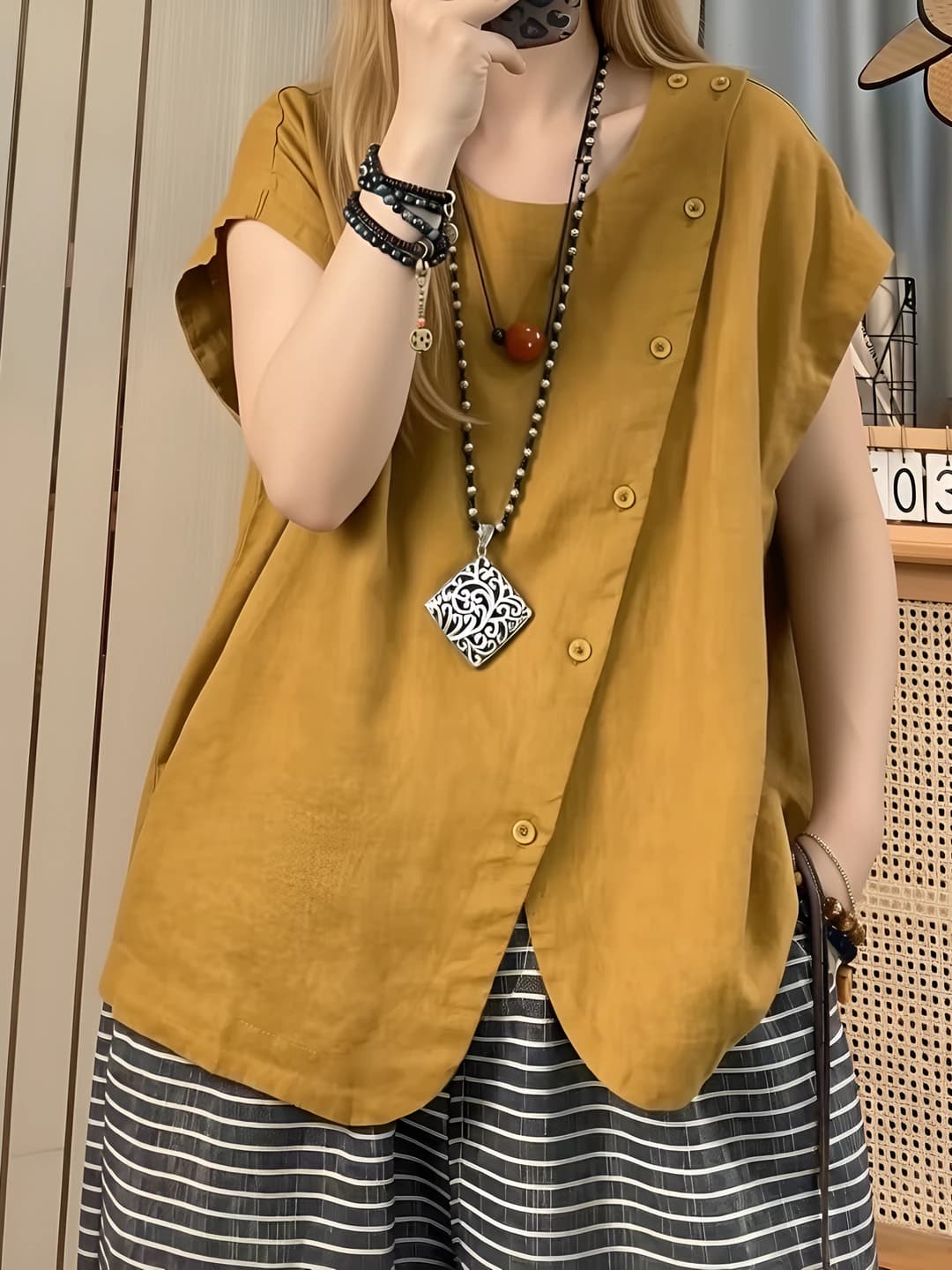 Women's short sleeve crew neck ice-silk fabric blouse