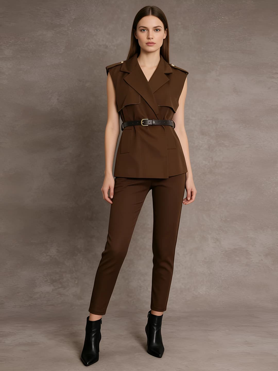 Women's sleeveless vest and high waist ankle-length trousers set, solid colour, all-season, 70%–80% cotton