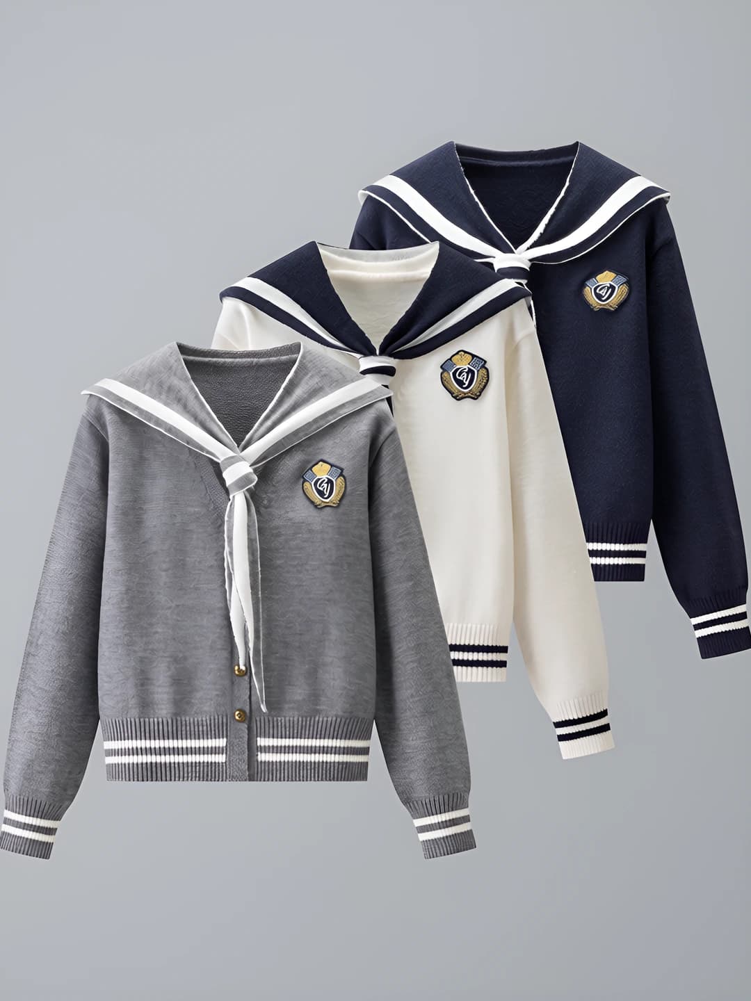 Women's autumn-winter preppy style striped, thick, long sleeve, cropped, sailor collar, buttoned knit top cardigan sweater