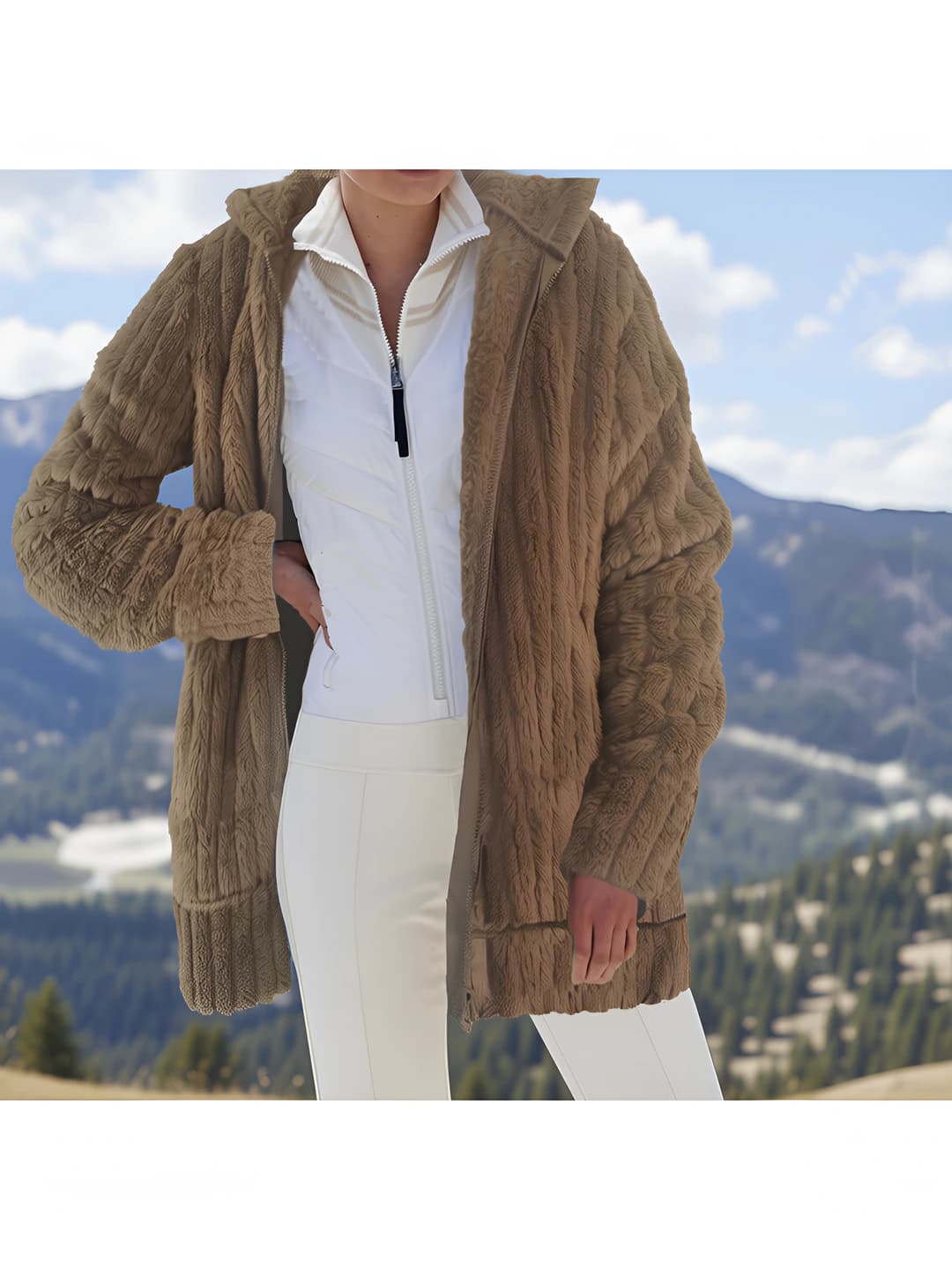 Women's fuzzy hooded winter jacket: warm, solid colour, zip closure, loose fit, long sleeve, for autumn-winter