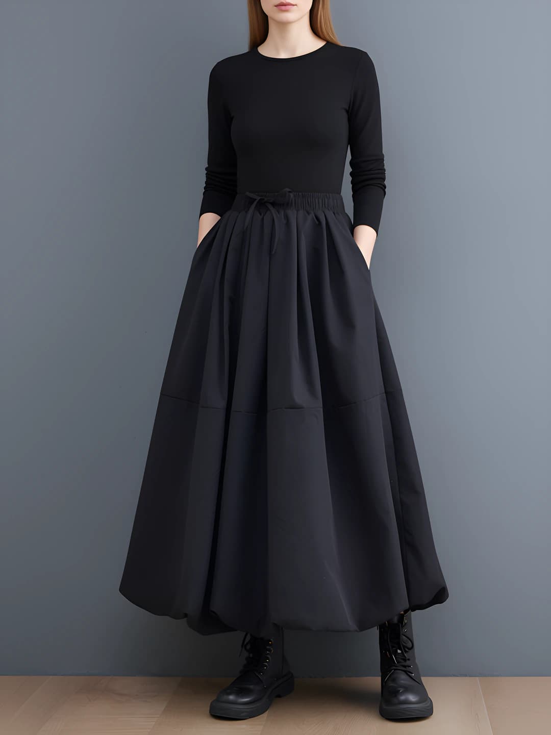 Women's long wide skirt 2026 spring, high waist, elastic waist with tie, slimming, solid colour, retro style, 80-90% cotton and linen blend