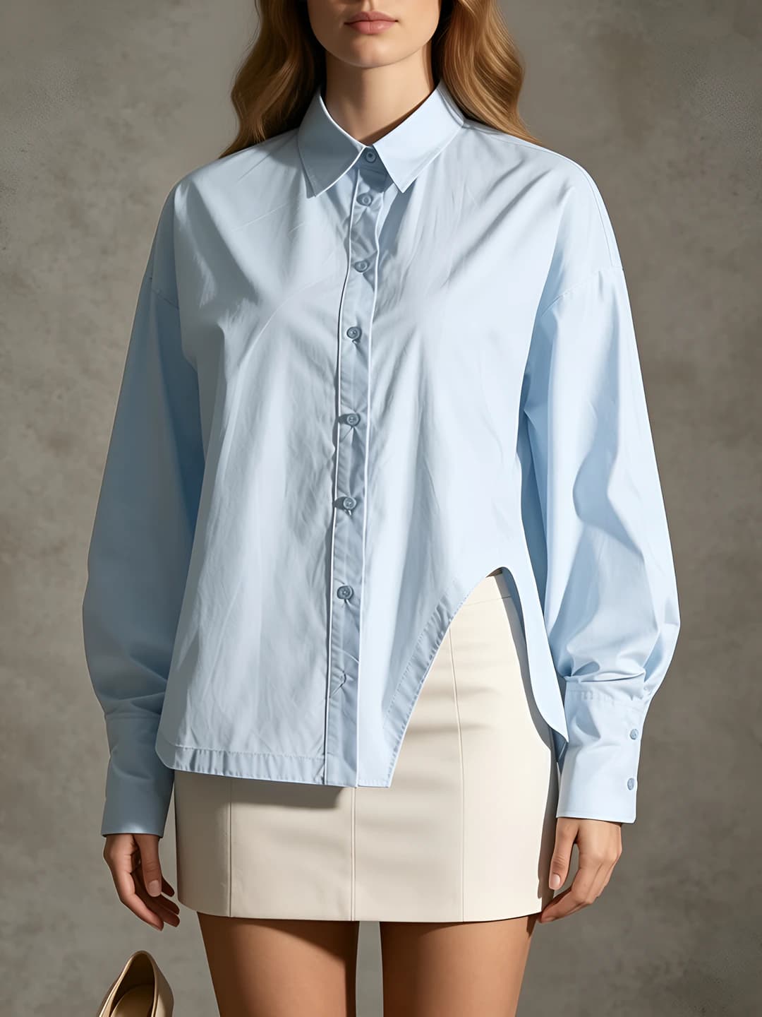 Women's summer long sleeve shirt, straight cut, solid colour, lapel collar, loose fit
