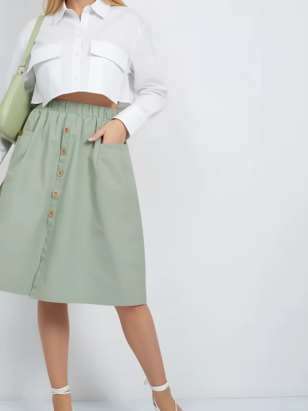 Women's summer A-line mid-length skirt with elastic waist, button and pocket design, casual retro style skirt