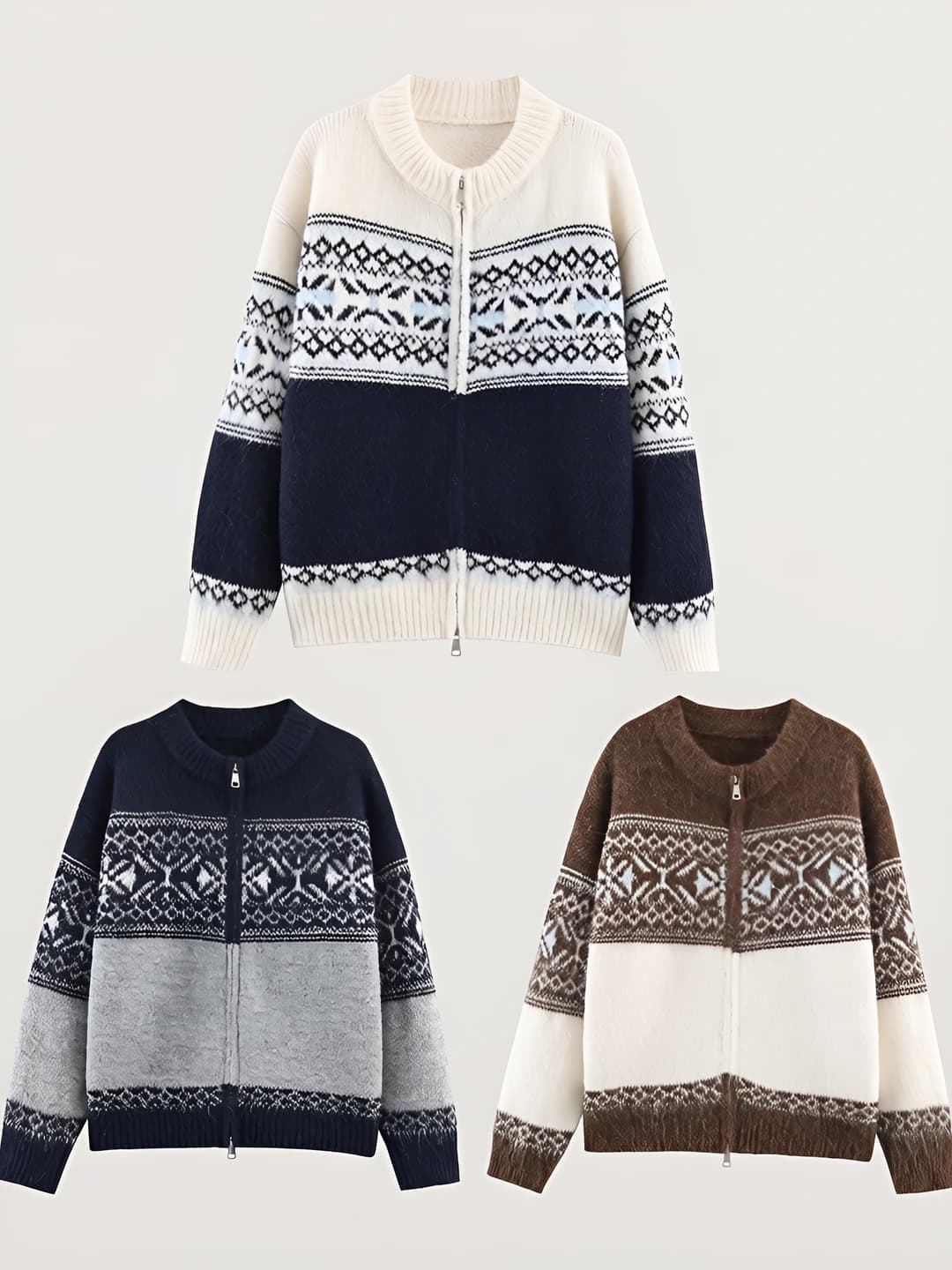 Ayollar uchun kuz-qish retro Fair Isle naqshli dumaloq yoqali fermuarli kardigan, qalin bo'sh (oversize) uzun yengli sviter