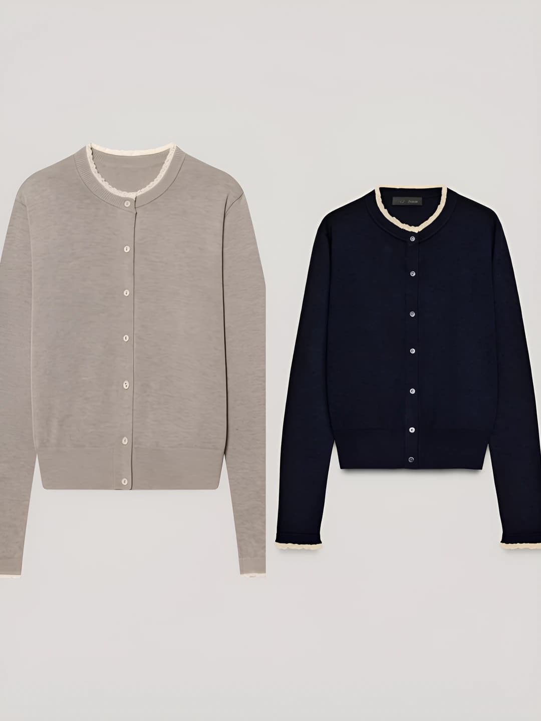 Women's autumn-winter cardigan: crew neck, long sleeve, single-breasted closure, contrast color, lace layer, casual style