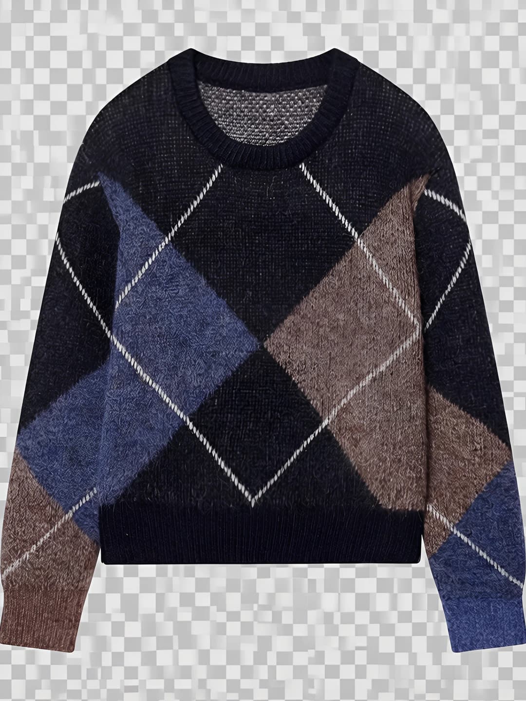 Women's argyle knit pullover sweater with crew neck, long sleeve, thick