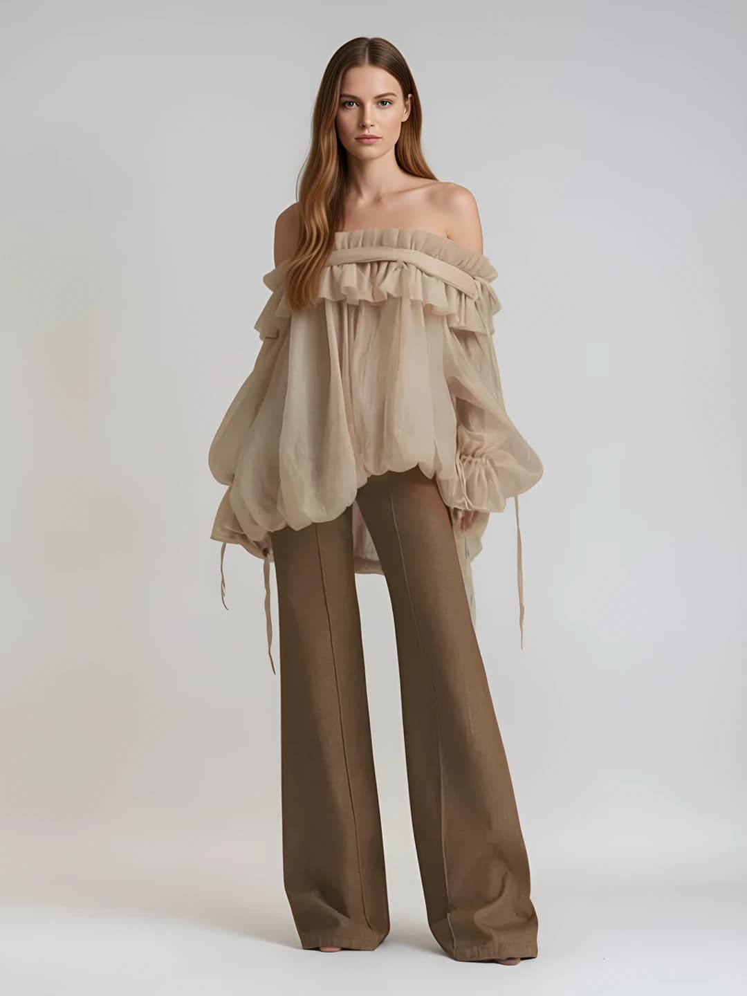 Women's off-shoulder top in French retro style solid colour long sleeve loose fit