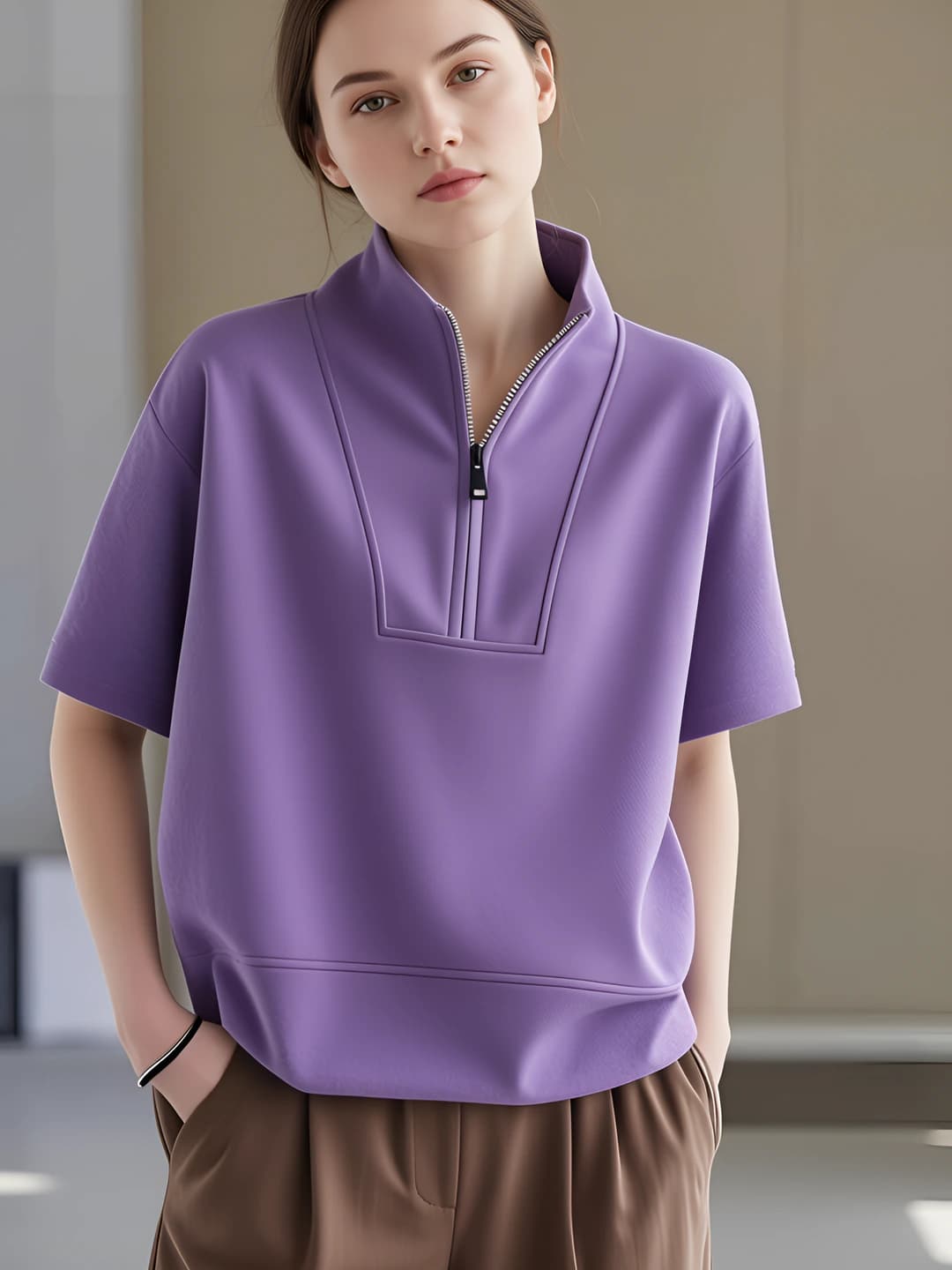 Women's short sleeve t-shirt, stand collar, zip, solid colour, oversize fit, casual style