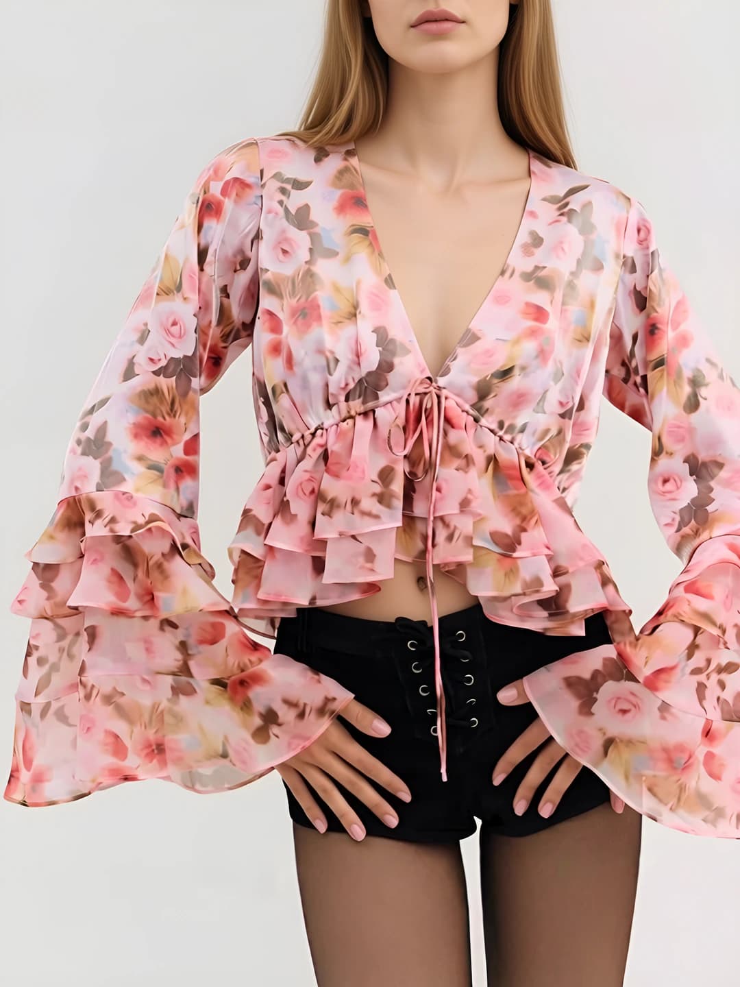 Women's printed blouse with V-neck, long sleeve, slim fit, cropped, in fresh and sweet style