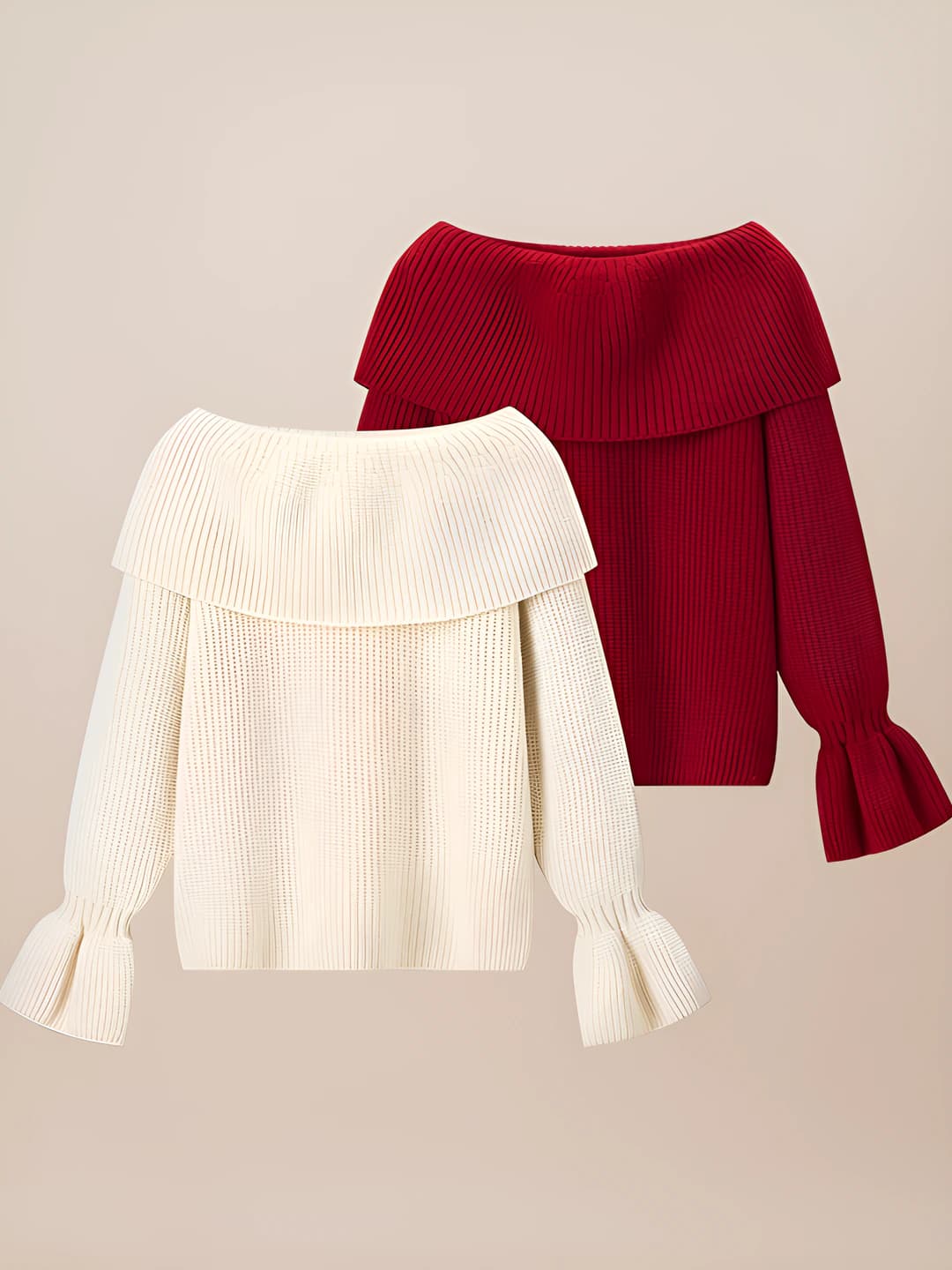 Women's casual solid colour thick knit sweater with long sleeve, boat neck and ruffle sleeves