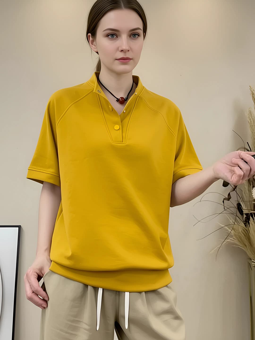 Women's short-sleeve stand collar t-shirt, solid colour, loose fit, plus size, cotton fabric