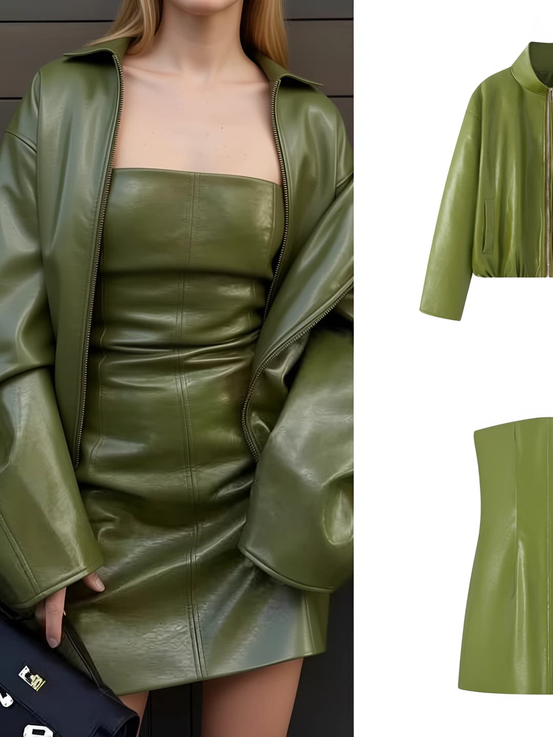 Women's PU leather jacket and skirt set for autumn-winter 2026: stand collar, long sleeve, solid colour, glossy fabric