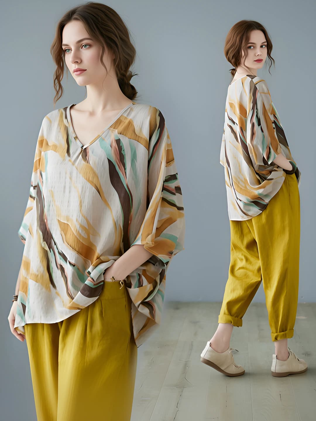 Women's summer striped printed retro loose fit plus size V-neck bracelet-length sleeve cotton-linen slimming t-shirt