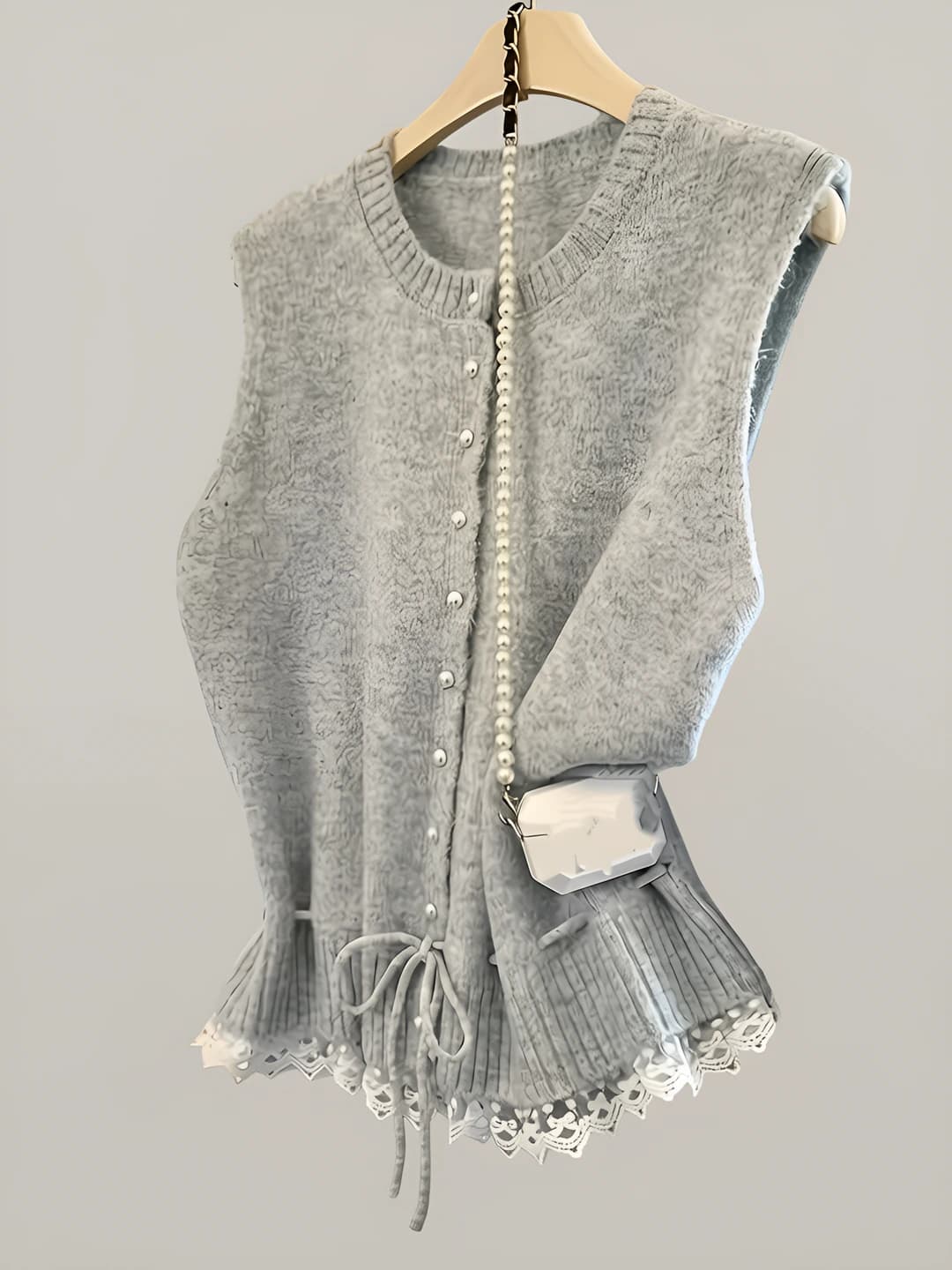Women's sleeveless crew neck vest with lace and solid colour, spring-summer