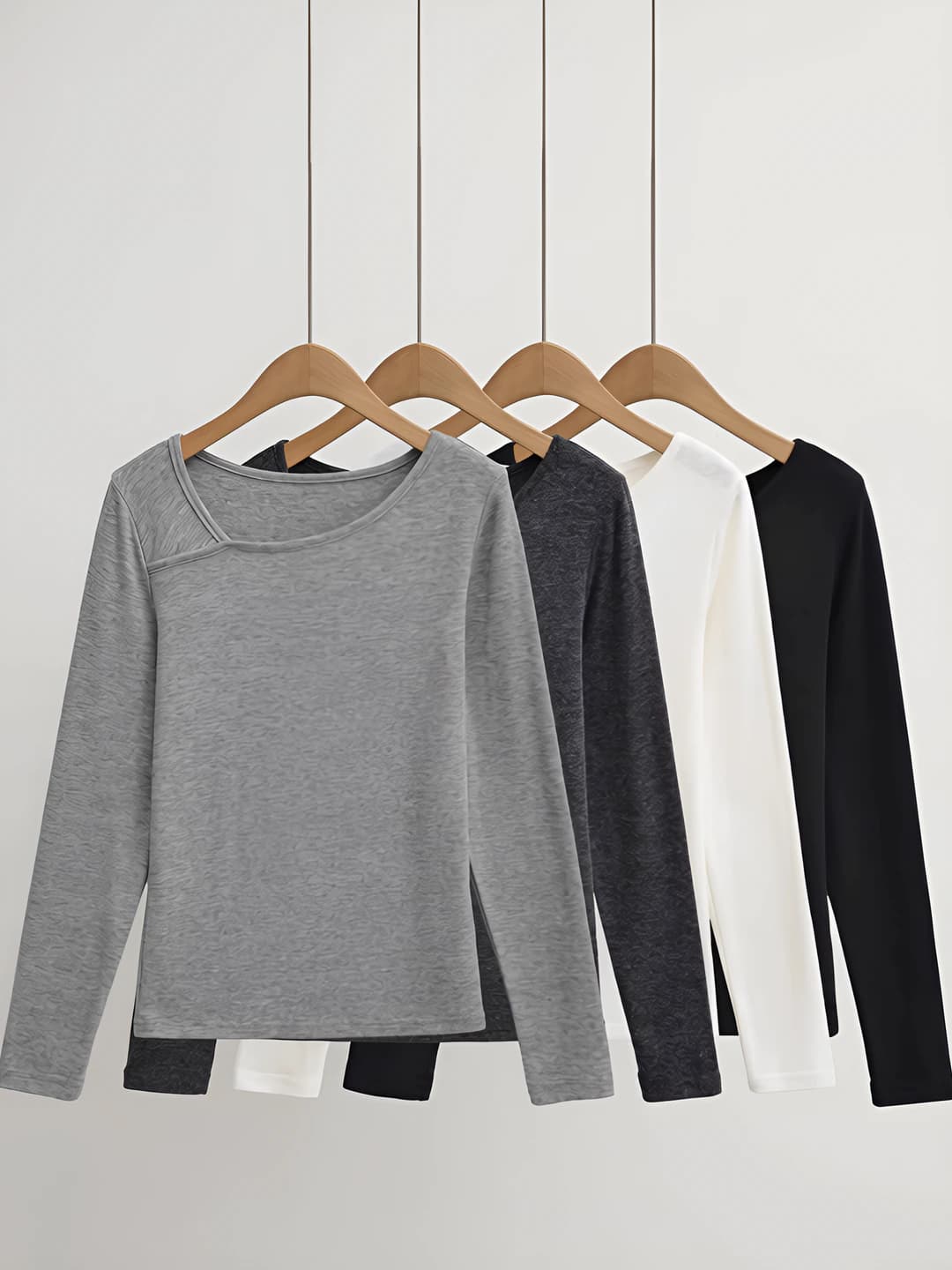 Women's spring-autumn long-sleeve slim fit solid colour long-sleeve base top, slimming, asymmetric collar, 50-65 cm length t-shirt