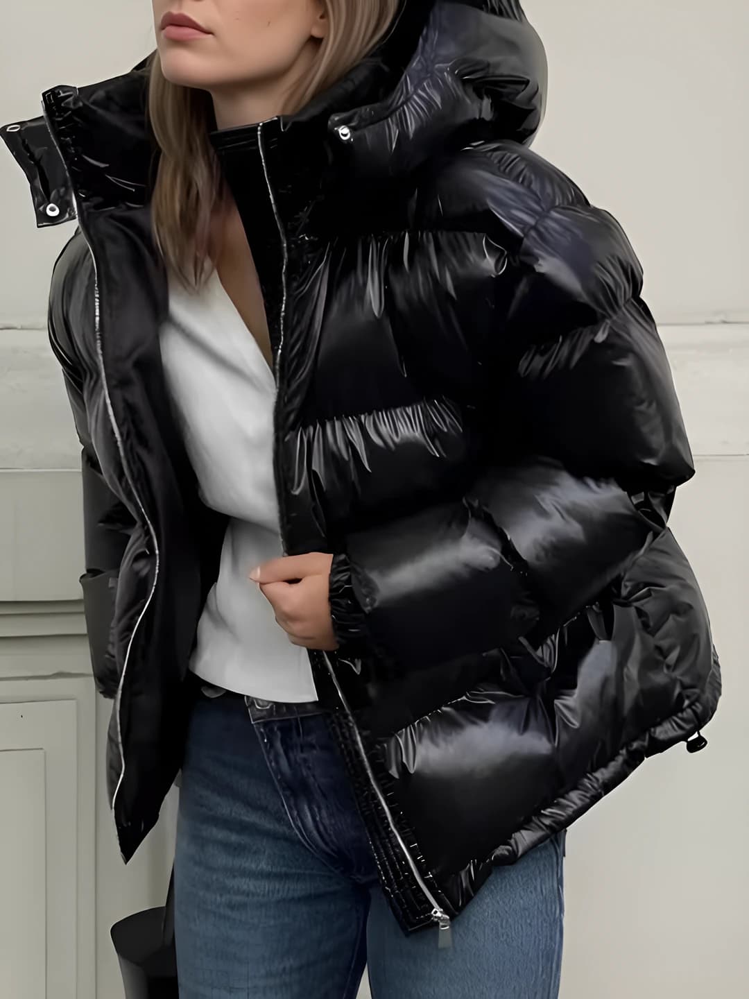 Women's padded winter jacket: stand collar, hooded, solid colour, PU fabric, thick, loose fit, long sleeve, zip