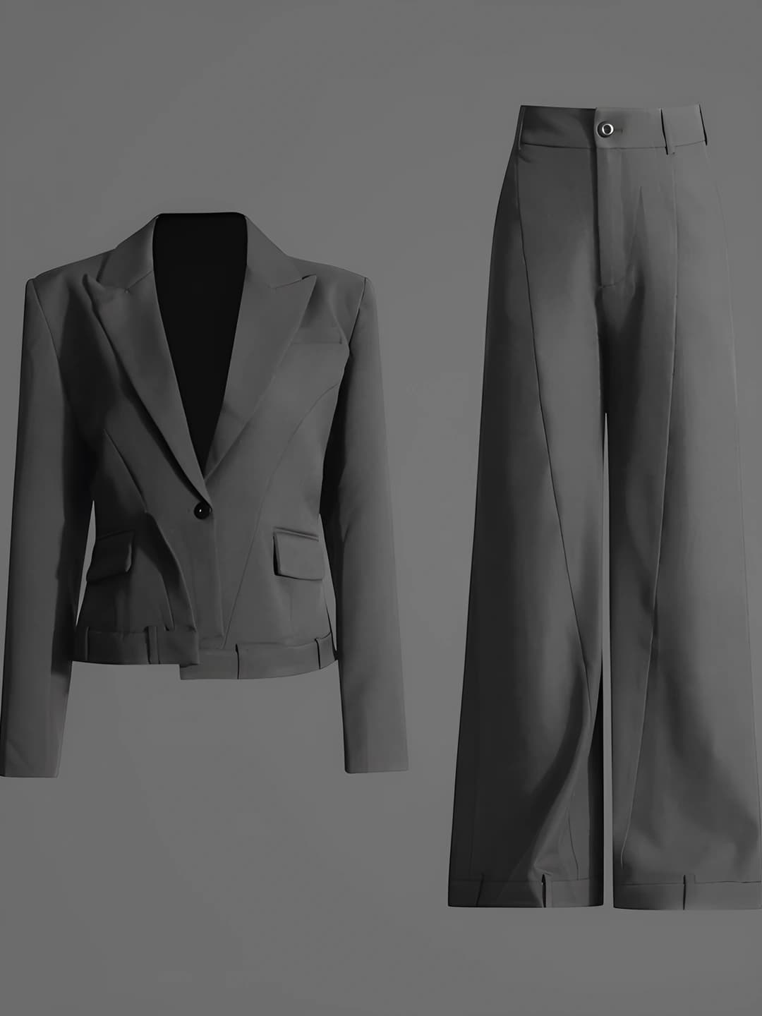 Women's summer two-piece suit with blazer and wide-leg trousers, slim fit, V-neck, long sleeve, solid colour, closure: one button, back cutout