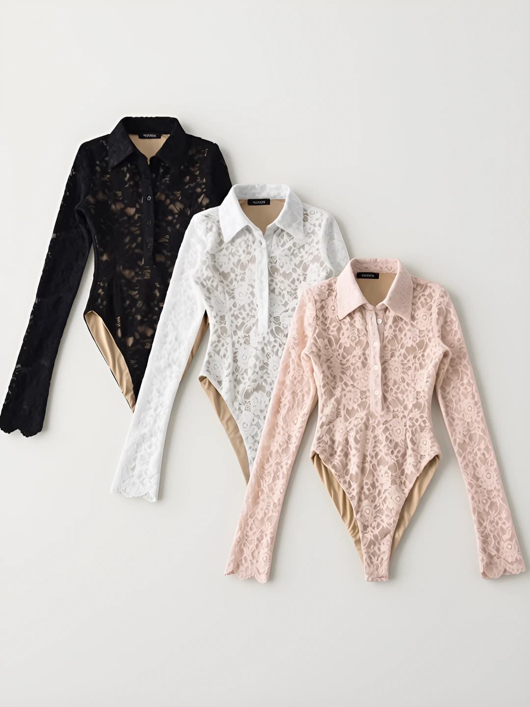 Women's long sleeve lace bodysuit, lapel collar, high waist, slim fit, slimming, stretch, medium thickness