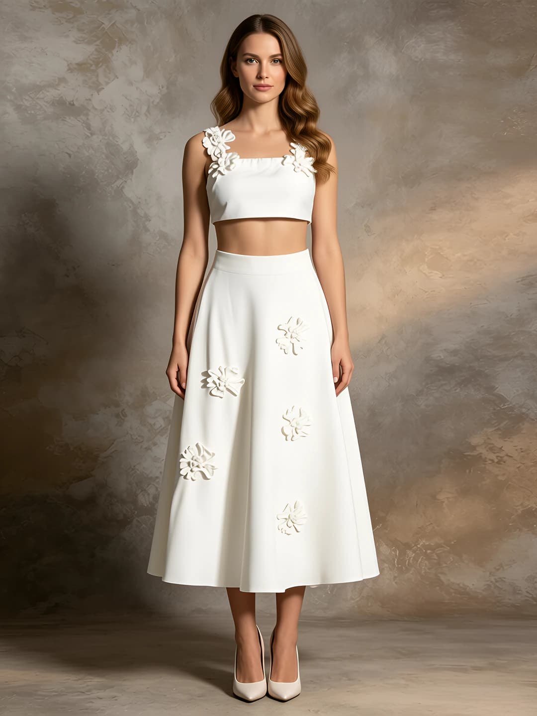 Women's French retro skirt set: sleeveless crop top and high-waist midi skirt with 3D flowers, solid colour, summer
