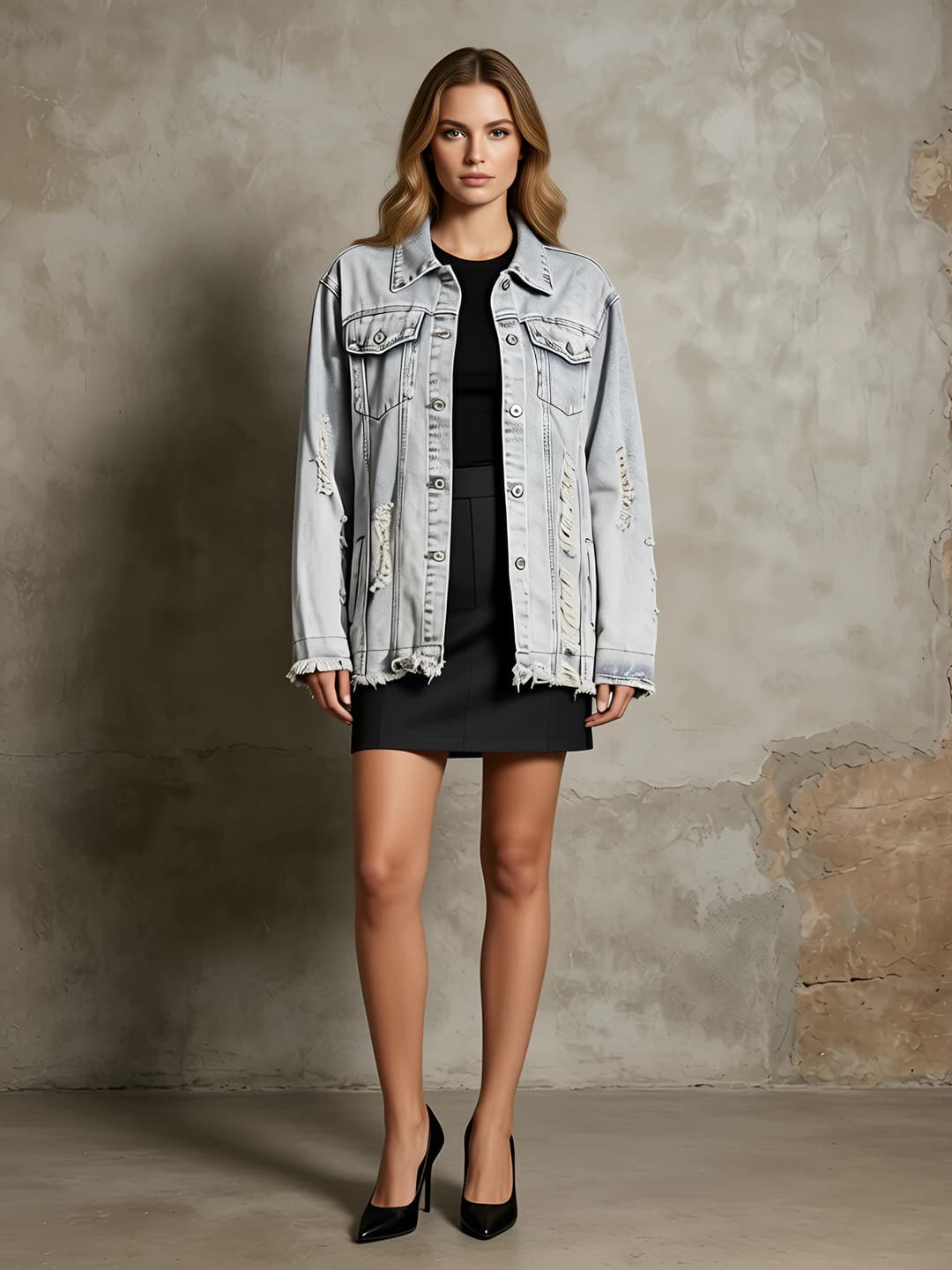 Ayollar uchun yozgi denim kurtka, qaytarma yoqa, uzun yeng, yirtiq-dizayn, bir rangli, kundalik uslub