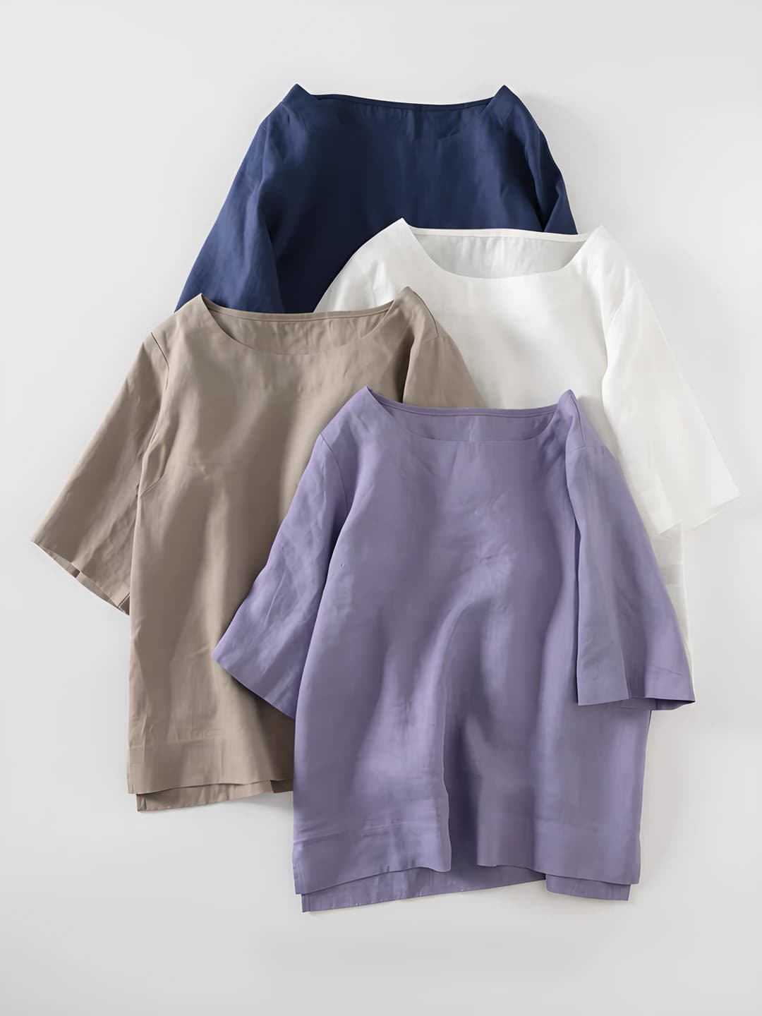 Women's summer crew neck elbow-length sleeve loose fit solid colour t-shirt, 90% linen, 2026