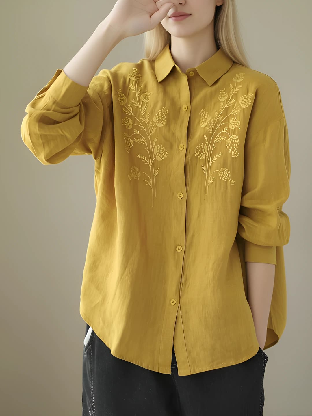 Women's spring-autumn casual plus size loose fit slim fit embroidered long sleeve cotton-linen shirt